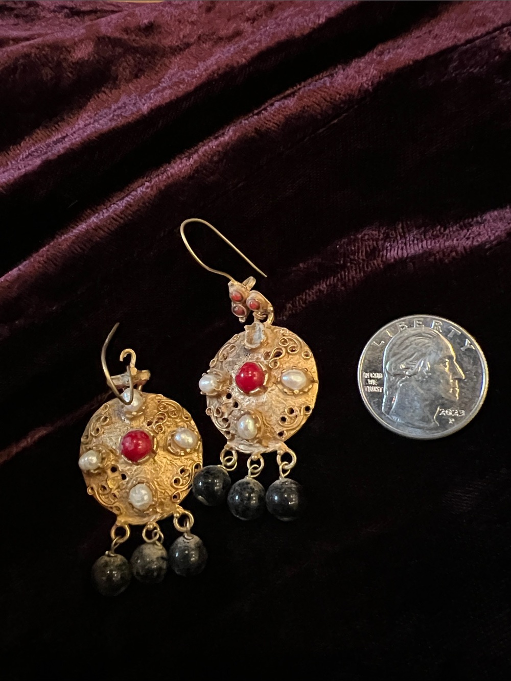 Turkish pierced earrings gold over bronze, with semi precious stones